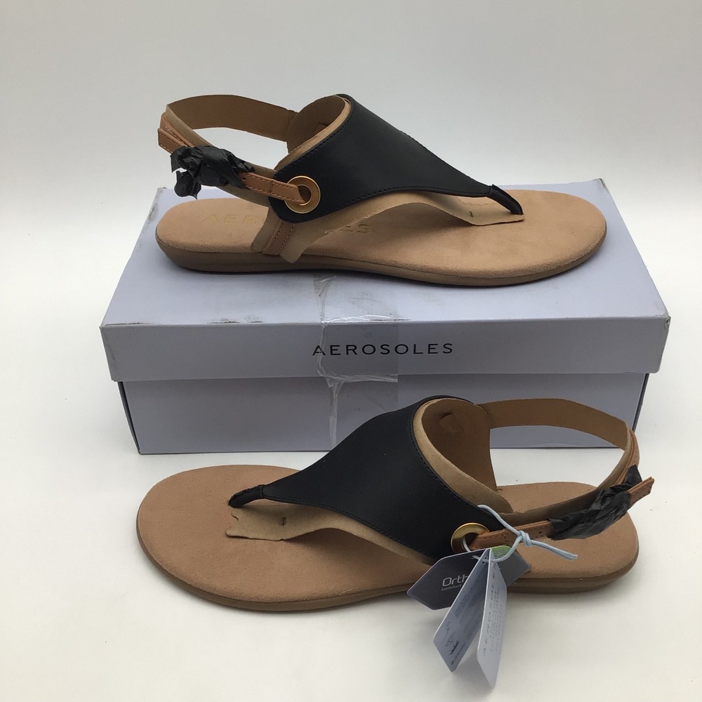 Aerosoles Conclusion Womens Size 10 Black Tan Flat Thong Slingback Sandals NEW
